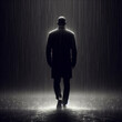 photorealistic studio full body portrait of a Solitary figure walks in the rain on black background. ai generative