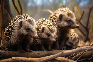 Wall Mural - A group of small hedgehogs standing next to each other. Perfect for nature-themed projects and animal illustrations