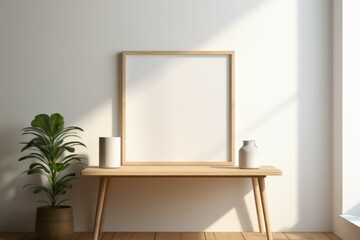 Wall Mural - Empty frame in empty room with wooden floor and diagonal shadows on beige wall. vase and flower. Frame mockup porter on the beige wall beside the window in the minimalist interior 