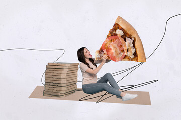 Sticker - Collage artwork of crazy positive woman sit on floor hold large pizza slice advertising every friday discount isolated on white background