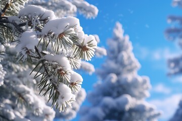 Wall Mural - A beautiful pine tree covered in snow, standing tall against a clear blue sky. This picture captures the serene and peaceful winter atmosphere. Perfect for winter-themed designs and holiday promotions