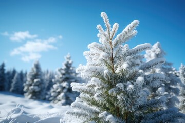 Wall Mural - A beautiful snow-covered pine tree standing tall in the middle of a serene forest. Perfect for winter-themed designs and nature-inspired projects