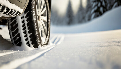 Wall Mural - vehicle tire on snow, danger winter driving conditions