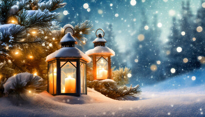 Wall Mural - Christmas background with lanterns in snow and glowing lights