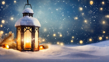 Wall Mural - Christmas background with lanterns in snow and glowing lights