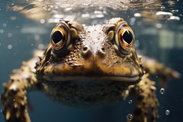 A detailed close-up image of a frog in the water. 