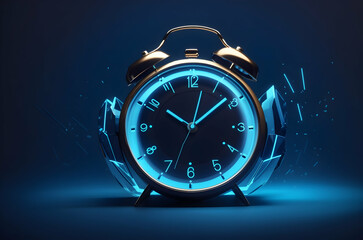 A alarm clock with blue glowing light on blue background. 