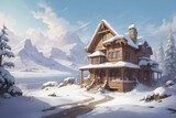 Fototapeta Do pokoju - Beautiful wooden house on the background of snow-capped mountains