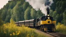 Steam Train In The Forest  A Retro Western Train That Smokes Along A Grassy Prairie. The Train Is Black And Yellow, 
