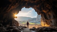 A Man Standing In Front Of The Cave Looked At The Natural Scenery