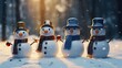 Family of snowmen on a winter background. Christmas background, funny snowmen on the snow.