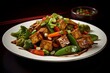 Tofu Stir-Fry Artistry: A captivating professional food photograph featuring a colorful mix of stir-fried tofu and assorted vegetables, glazed in soy sauce, artistically arranged with chopsticks