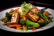 Tofu Stir-Fry Artistry: A captivating professional food photograph featuring a colorful mix of stir-fried tofu and assorted vegetables, glazed in soy sauce, artistically arranged with chopsticks