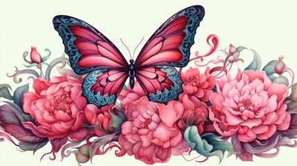 Wall Mural - butterfly, watercolor peony, paisley flower