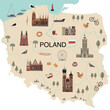 Color hand drawn illustrated map of Poland. Traditional buildings, street food, transport, animals, birds and symbols. Bright design for tourist posters, banners, prints