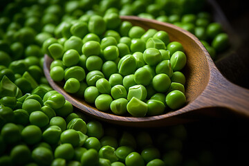 Wall Mural - Peas in wooden spoon, close up view