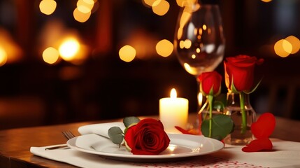 Table setting for romantic dinner in restaurant