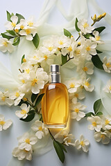 Wall Mural - Soft gentle background with spilled perfume with neroli flower on white background