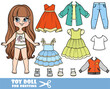 Cartoon long haired brunette girl and clothes separately - summer dresses, shirts, long sleeve, jeans and sneakers doll for dressing