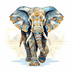  An elephant painted with ethnic patterns, in the style of light brown and dark aquamarine