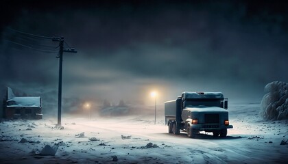 Poster - old truck in winter during night and fog suitable as background