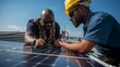 © NickArt - Two African American male solar power engineers installing solar panels on the roof of the building together for renewable sustainable power source