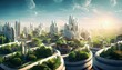illustrative city of the future with greenery and fantasy design suitable as a background