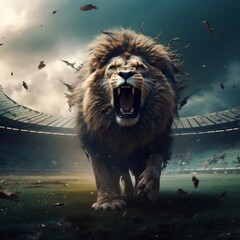 a lion running in a stadium