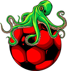 Wall Mural - vector illustration of octopus wrapped around a soccer ball on white background