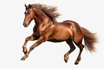 Sticker - A brown horse is captured in motion, galloping gracefully against a pristine white backdrop.