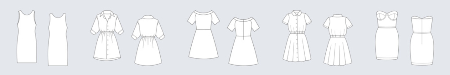 Wall Mural - Female modern dress. Set of female vector template isolated on a grey background. Front and back view. Outline fashion technical sketch of clothes model.