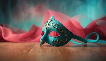 Wall Mural -  a blue masquerade sitting on top of a wooden floor next to a pink and teal colored background.