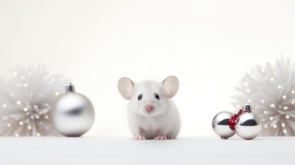 Sticker -  a white mouse sitting on top of a table next to two silver ornament balls and a silver christmas ornament.