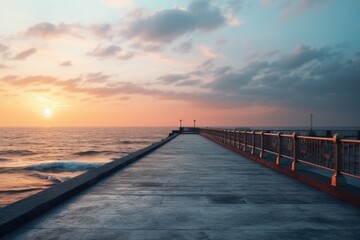 Poster - A picturesque pier with a beautiful sunset in the background. Ideal for travel, nature, or scenic concepts.