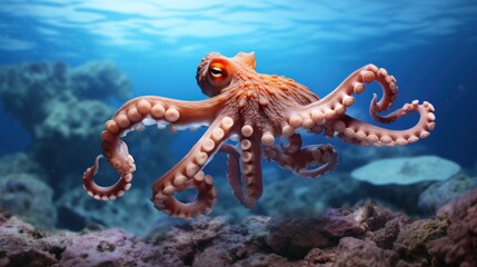 Wall Mural -  a close up of an octopus swimming in a body of water with rocks and corals in the foreground.