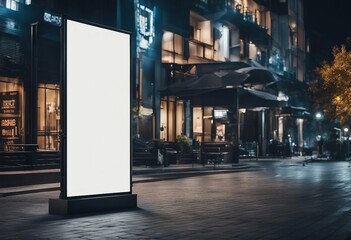 Sticker - Mockup blank white vertical advertising banner billboard stand on the sidewalk at night