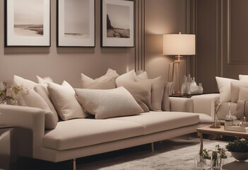 Sticker - Modern house interior details. Simple cozy beige living room interior with sofa and decorative pillows.