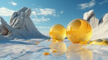  A Group Of Yellow Glass Balls Sitting On Top Of A Snow Covered Ground In Front Of A Blue Sky With White Clouds.