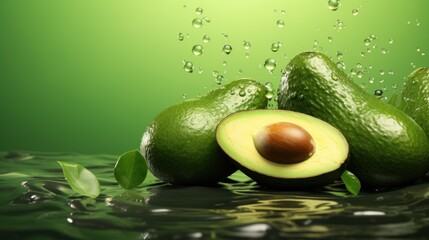  a group of green avocados sitting on top of a body of water with leaves and drops of water around them.