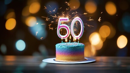 Sticker -  a birthday cake with a sparkler on top of it and the number 50 on the top of the cake.