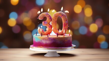 Sticker -  a colorful birthday cake with lit candles in the shape of the number 30 on a wooden table with blurry lights in the background.