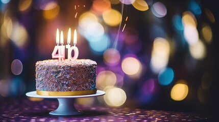 Poster -  a birthday cake with lit candles sitting on top of a cake platter with blurry lights in the background.