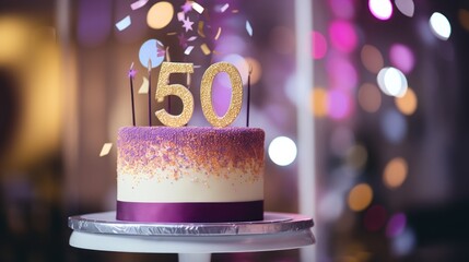 Sticker -  a 50th birthday cake with a purple and white frosting and a gold number 50 on the top of it.