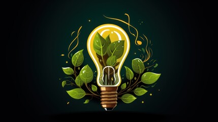 Wall Mural -  a light bulb with a plant growing out of it's side and leaves around it on a dark background.