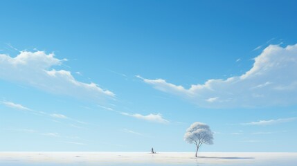 Wall Mural - a lone tree in the middle of a snow covered field with a person standing in the distance in the dist