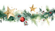 Watercolor christmas tree branches decorated with baubles and stars on white background