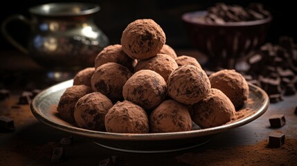 Sticker -  a plate full of chocolate truffles sitting on a table next to a teapot and a cup of tea.