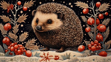 Poster -  a painting of a hedgehog surrounded by holly berries and berries on a black background with stars and snowflakes.