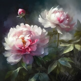 Fototapeta Kwiaty - Flowering pink peonies in summer garden, watercolor painting, closeup.