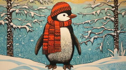 Poster -  a painting of a penguin wearing a red scarf and a knitted hat standing in the snow in front of trees.